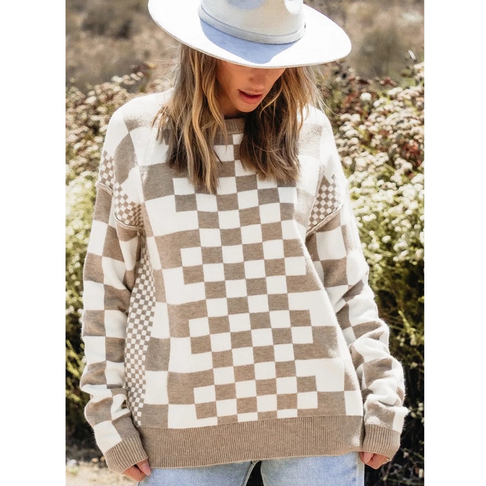 Boutique Checkered Round Neck Long Sleeve Sweater - Picture 1 of 4